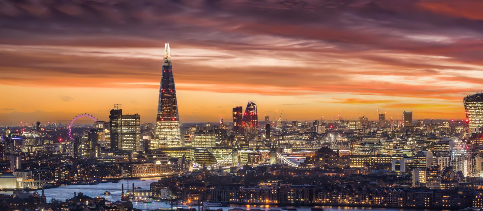 The skyline of London, during an intense sunset