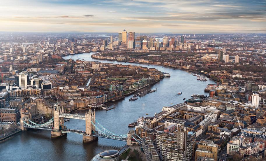 View over London: from the Tower Bridge along the Thames to Canary Wharf 